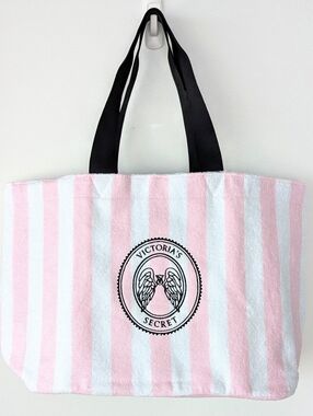 Victoria's Secret Pink & White Striped Tote with Black Handles Terry Tote Bag